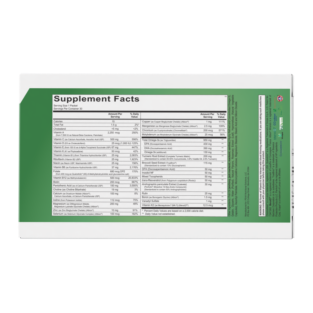 PEAK Wellness Pack Supplement Facts